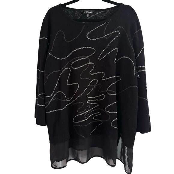 MING WANG Black Silver Abstract Sparkle Sheer Hem Knit Top Artsy - Sz 2X - Picture 1 of 5
